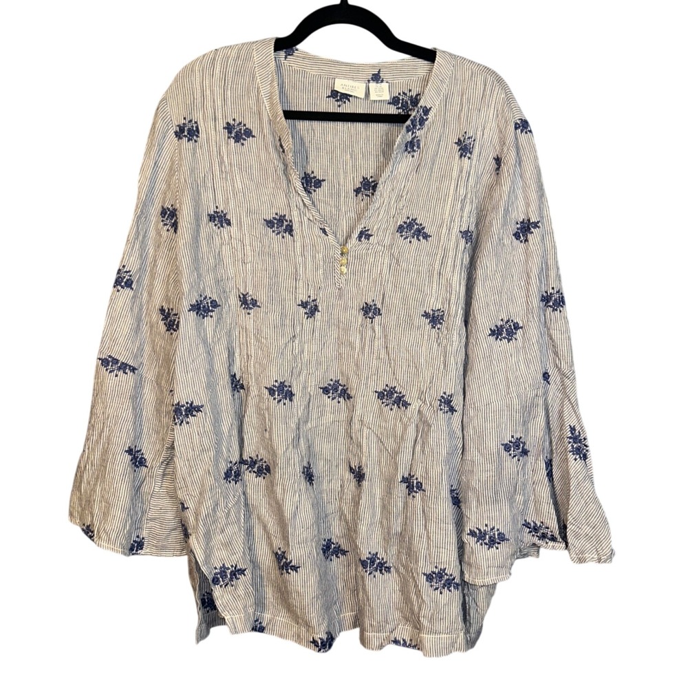 Antibes Blanc Linen Tunic Embroidered Boho Coastal Women 2X Blue White Striped